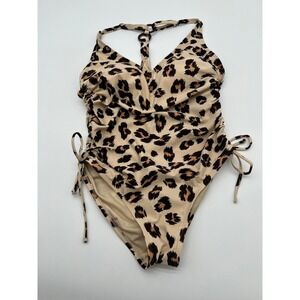 Kona Sol Womens Leopard Print Ruched One Piece Swimsuit Neutral Tan Black Medium
